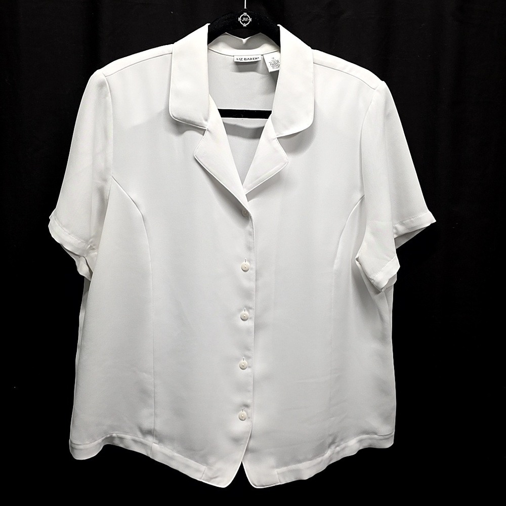Vintage Liz Baker Button Down Blouse Womens 18 White Short Sleeve Camp Collar - Picture 2 of 7